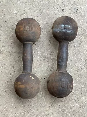 Antique Dumb Bell Pair Round Head Vintage 10lb DumbBell Weight 20 Lb Total • $99.99