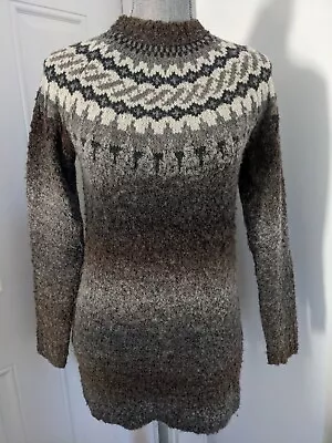 $25 • Buy Woolrich Bouclé Fair Isle Pullover Tunic Sweater Brown Gray Ivory Ombre XS