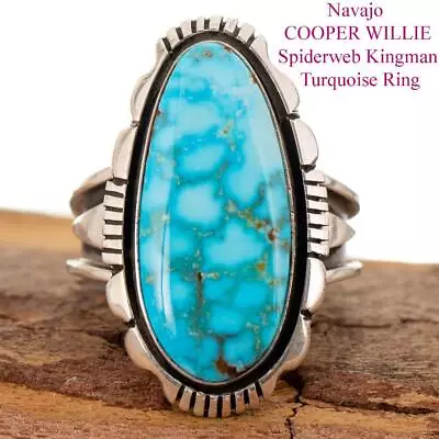 Navajo Turquoise Ring Sterling Silver KINGMAN Spiderweb COOPER WILLIE 10 MENS • £342.06