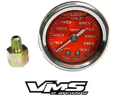 Vms Mustang 1 1/2  100psi Red Fuel Pressure Gauge Liquid Filled 1/16 Npt To 1/8 • $937.95