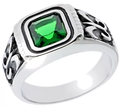 4 Carat Emerald Simulated Fleur De Lis Mens Ring 316 Stainless Steel Size 11 T28 • $19.36