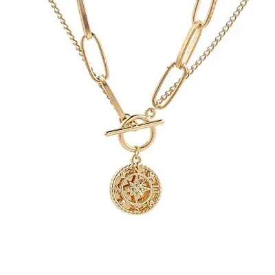 Gold Chunky Thick Link Chain Necklace Compass Coin Pendant Toggle Necklace Charm • $8.65