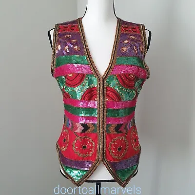 VTG Cache Vest Silk & Sequins All-over Beaded Holiday Boho Gypsy Women Sz M • $62