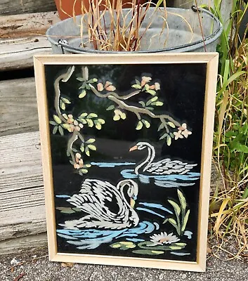 Vintage PBN Paint By Number Painting Velvet Swan Pond Picture FRAMED • $16