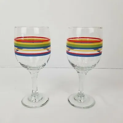 2 Vintage Libbey Mambo Fiesta Water Ice Tea Goblets Glasses Banded Stripes • $17.49