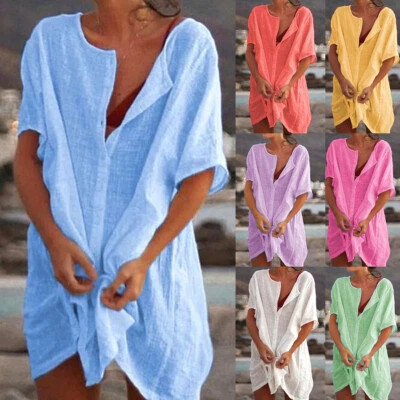 £9.44 • Buy Women Holiday Plain Smock T-shirt Tops Summer Short Sleeve Long Blouse Plus Size