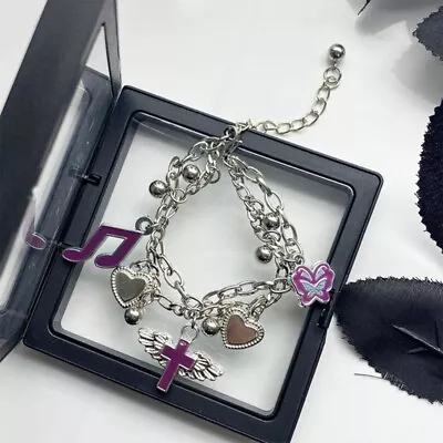 Music-Note Charm Bracelet Cross-Heart Pendant Purple Butterfly • £6.78