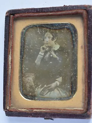 Small Daguerreotype Of A Young Woman With Book Tinted. Leather Case Missing Lid • $60.62