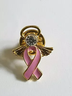 Breast Cancer Awareness Gold & Pink Ribbon Crystal Angel Wings Halo Pin Brooch • £4.55