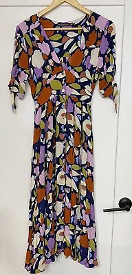 MISTER ZIMI Button Through Tie Sleeve Midi Dress Sz 8 Tulip Print? • $80