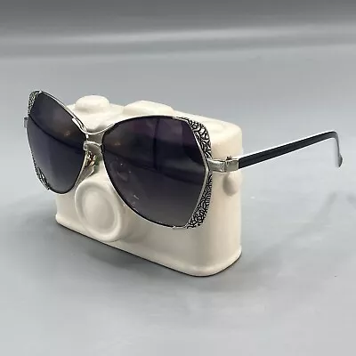 Fashion Sunglasses Womens Silver Frame Flower Black Tint Lenses Plastic Eyewear • $19.94