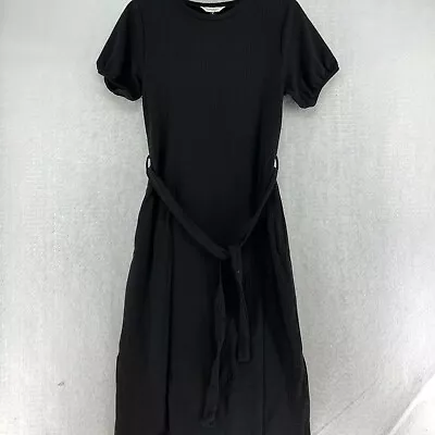 Miss Selfridge Womens Black Round Neck Rib Puff Short Sleeves Midi Dress Size 8 • $29.99