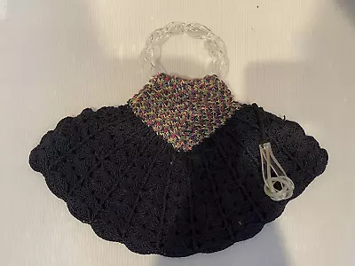 Vintage 70s Macrame Plastic Handle Purse Black Tones Boho Hippie Handbag • $49.95