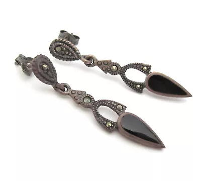 Vintage Sterling Earrings Marcasite Black Glass Art Deco Oxidized Cosplay Gift • $20