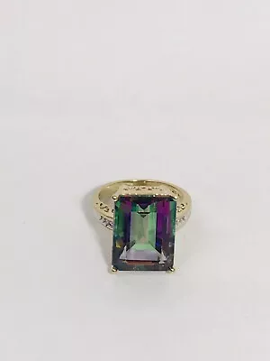 Vintage 10K Yellow Gold Emerald-Cut Natural Mystic Topaz & Diamonds Ring Size7.5 • $575