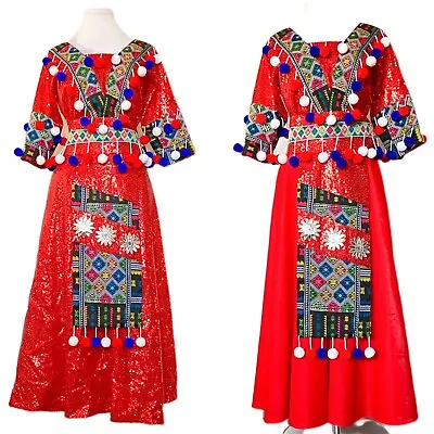 Red Sequin Pom Pom Hmong Outfit Size 38 (S/M). COMES WITH TWO LONG SKIRTS  • $165