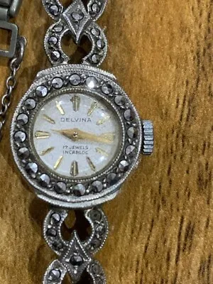 Vintage Swiss Delvina 17 Jewels Mechanical Ladies Marcasite Watch -16mm -Works • £26.99