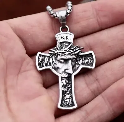 MENDEL Mens Stainless Steel Jesus Christ Face Crucifix Cross Pendant Necklace • $9.94