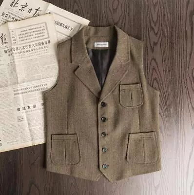 Vintage Herringbone Vest Men's Suit Collar Vest Slim Fit Fashion Casual • $26.86
