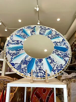 Mosaic Mirror Blue Glass Inlay Round 24” D By Zenda Imports • $200