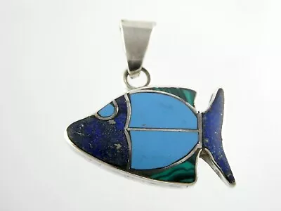 950 Silver Lapis Lazuli Malachite And Howlite Inlay Fish Pendant 3.4g 1 Inch • $36
