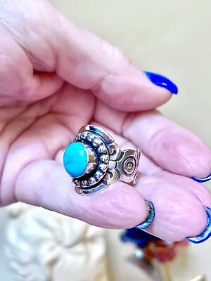 LOVELY Fine Artisan Ornate Mayan/Aztec Sterling Silver & Turquoise Ring • $55