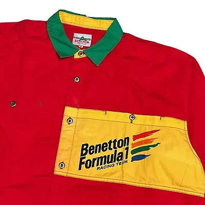 Vintage 90s Benetton F1 Racing Team Red Colorblock Crew Button Shirt Mens 48 L  • $87.43