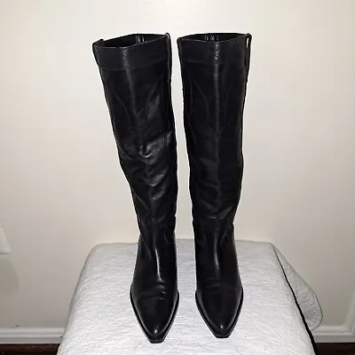 $124 • Buy Zara Black Leather Knee High Cowboy Boots 8.5M/SZ 39