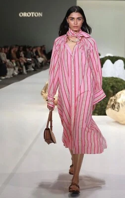 $249 • Buy OROTON 12 COTTON Candy Stripe Shirt Dress Lipstick Pink Red New $499 Fits To 16