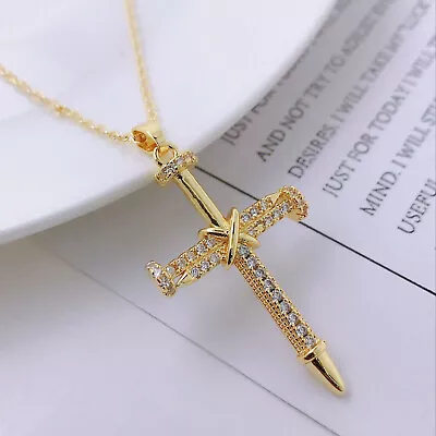 14k Gold IP Tennis Chain Nail Cross Pendant Choker Diamond Necklace Jewelry • $15.90