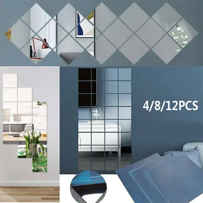 Glass Mirror Tiles Wall Sticker Self Adhesive Square Stick On Art Home Decor • £7.99