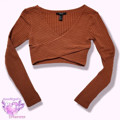£14.85 • Buy Forever 21 S Top Long Sleeve Wrap Crop Ribbed Rust Orange Chris Cross