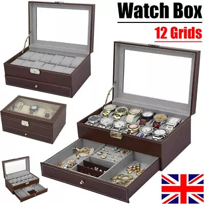 12 Grids PU Leather Watch Box Case Jewelry Earrings Storage Holder Display Brown • £20.47