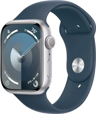New Apple Watch Series 9 GPS 45mm Silver Aluminum Case Storm Blue Sport Band S/M • $399.49
