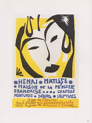 1989 VINTAGE H. MATISSE  MAISON DE LA PENSEE FRANCAISE  COLOR Offset Lithograph • $4.99
