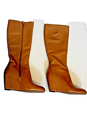 Via Spiga Boots Womens 5.5 M Tall Wedge Brown Leather Knee-High Casual Side Zip • $32.99