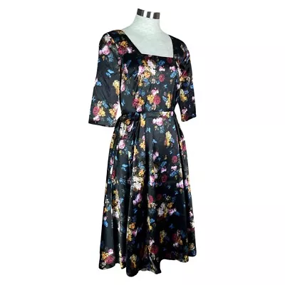 Voodoo Vixen Floral Print Satin Emo Pin Up Rockabilly Sexy Flare Dress Dra2422 • $19.24