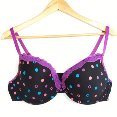 $9.90 • Buy Rio Bra 18D Black Spotted Moulded Underwire Purple Lace Trim
