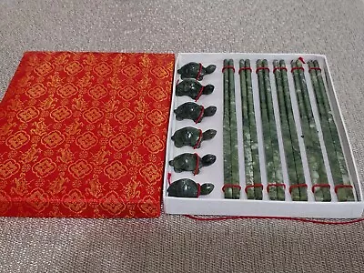 $177.70 • Buy 碧玉筷子雕龟箸枕 玉器 Chinese Jade Chopsticks Turtle Stands Sculpture Statue Silk Box Gift