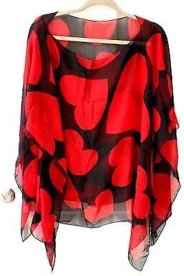 Moschino Larioseta Black & Red Heart Sheer Silk Over Your Head Cape Shawl NEW • $43.99