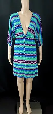 VIX By PAULA HERMANNY Blue Green Purple Deep V Neck Cover Up Dress Sz M • $13