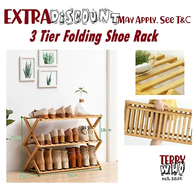 $36.45 • Buy Au 3 Tier Folding Shoe Rack Bamboo Wooden Flower Pot Shelf Plant Stand Cabinet