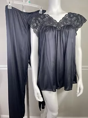 Vintage Shadowline Large Lace Nylon Pjs Top Pants Set Sexy Lounge Black • $39.95