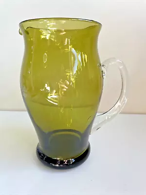 Vintage Mid Century Jug Olive Green Hand Blown Glass Pitcher Jug Vase Cocktail • £24