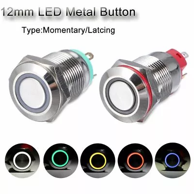 3V 5V 9V 12V 24V 110V 220V Push 12mm LED Metal Button Switch Momentary/Latching • £4.39