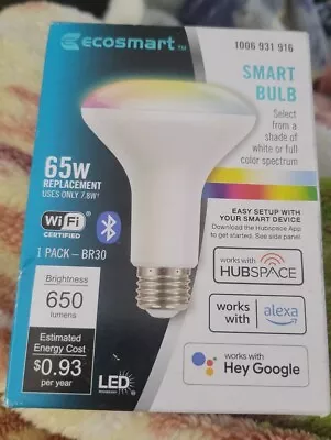 EcoSmart 65 Watt Smart Hubspace BR30 Color Changing CEC LED Light Bulb W/ Voice  • $12.93