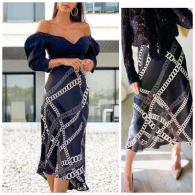 $19.99 • Buy NWT ZARA CHAIN PRINT SKIRT MIDI BLACK/ECRU 7983/192 Sz-XS