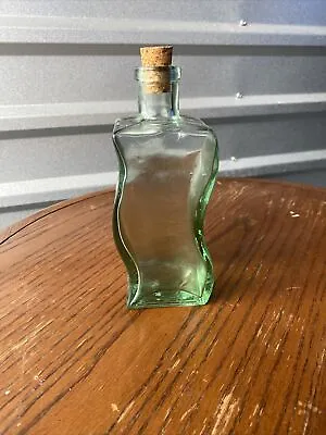 Vintage Curved Glass Green Tint Decorative Bottle With Cork • $14.95
