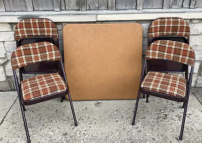 Vintage 70s MECO Shag Shagalicious Plaid Weave Cushion Metal Card Table & Chairs • $248