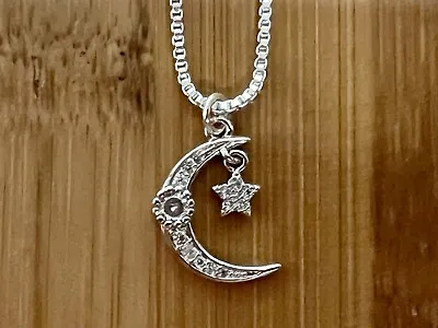 New Gorgeous Moon & Dangling Star Pendant On 925 Silver Chain Necklace • $8.75